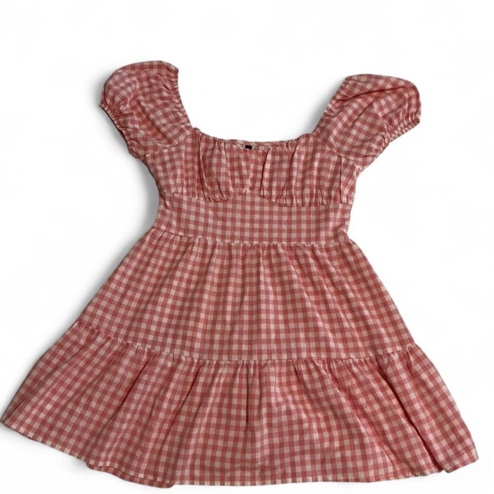 Zaful Gingham Mini Dress Womens Size 6 Pink White Puff Sleeve Tiered